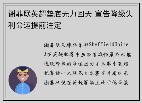 谢菲联英超垫底无力回天 宣告降级失利命运提前注定 谢菲联英超垫底无力回天 宣告降级失利命运提前注定