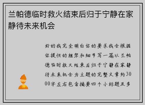 兰帕德临时救火结束后归于宁静在家静待未来机会